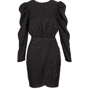 Express - Satin Leopard Jacquard Puff Sleeve Mini Sheath Dress - Pitch Black - S